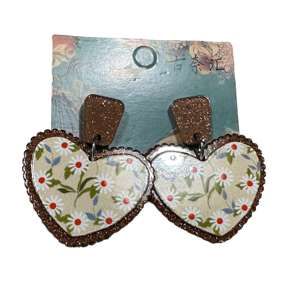 Heart Floral Patterned Drop Earrings
